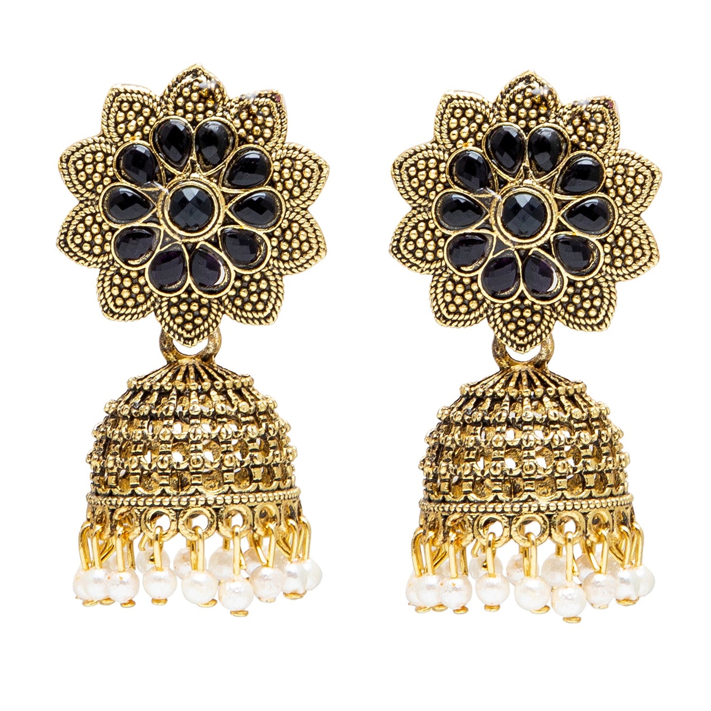 Shining Jewel Gold Plated Antique Traditional Peacock Jhumka With CZ, LCT Crystals,Kundan & Pearls Earrings for Women (SJ_1900_BK)