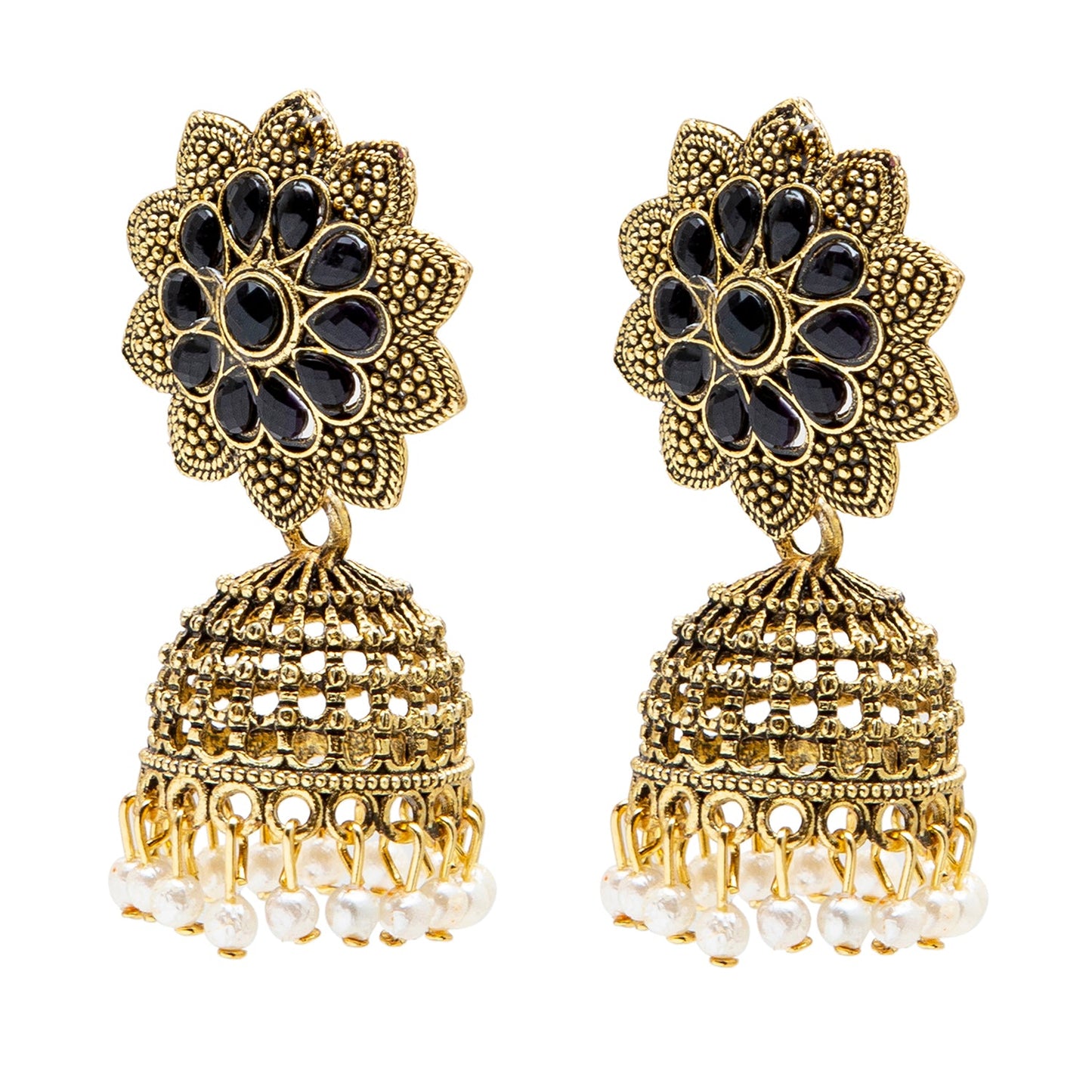 Shining Jewel Gold Plated Antique Traditional Peacock Jhumka With CZ, LCT Crystals,Kundan & Pearls Earrings for Women (SJ_1900_BK)