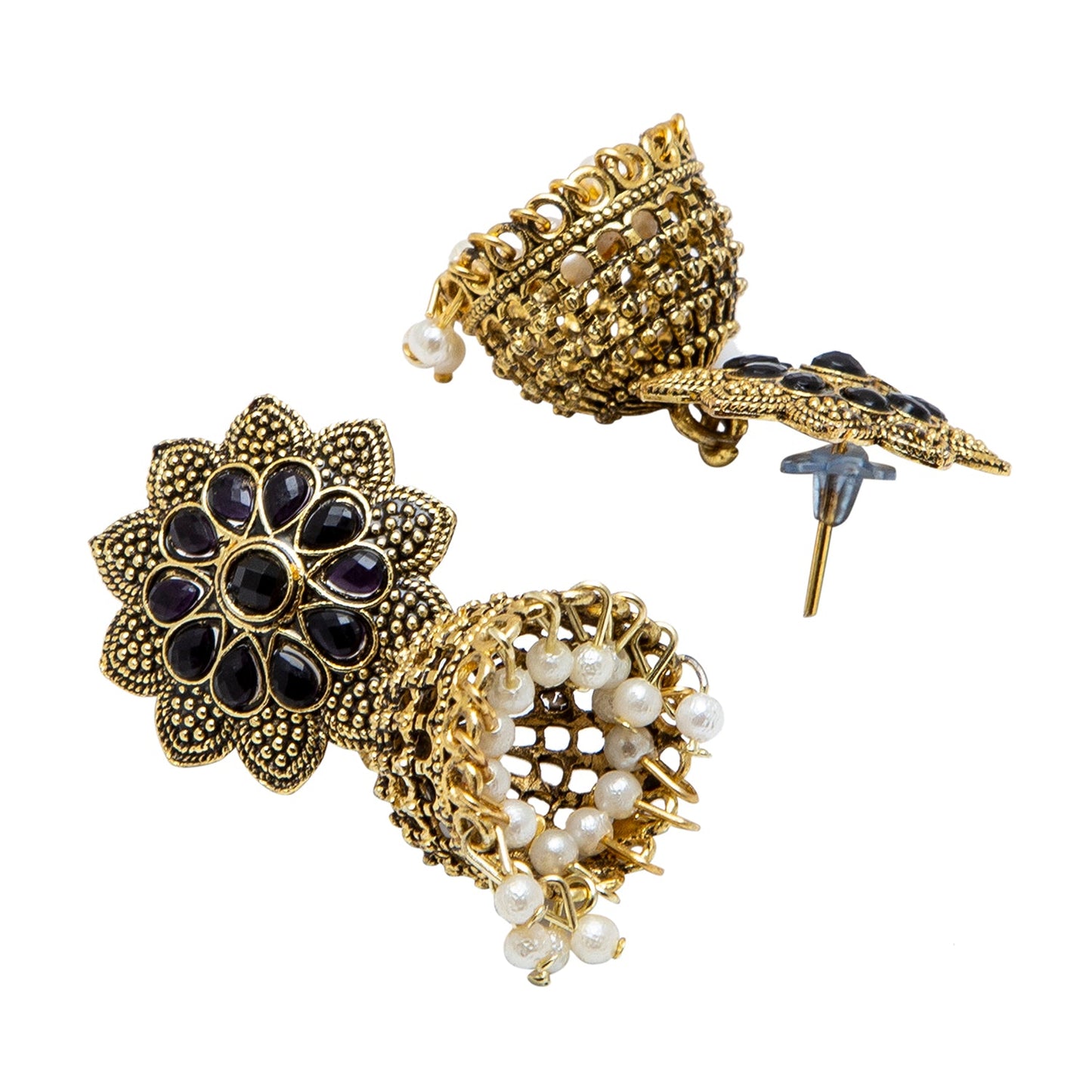 Shining Jewel Gold Plated Antique Traditional Peacock Jhumka With CZ, LCT Crystals,Kundan & Pearls Earrings for Women (SJ_1900_BK)