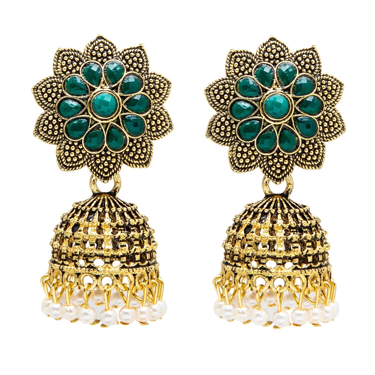Shining Jewel Gold Plated Antique Traditional Peacock Jhumka With CZ, LCT Crystals,Kundan & Pearls Earrings for Women (SJ_1900_G)