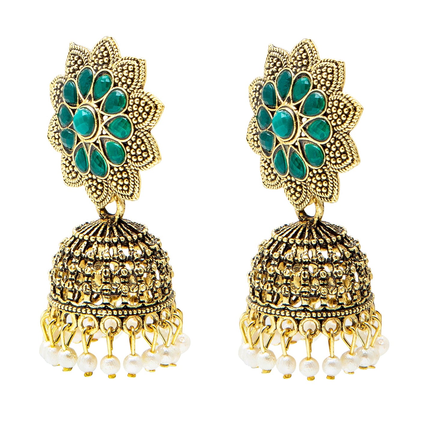 Shining Jewel Gold Plated Antique Traditional Peacock Jhumka With CZ, LCT Crystals,Kundan & Pearls Earrings for Women (SJ_1900_G)