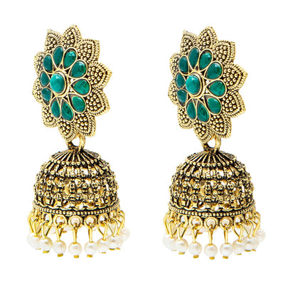 Shining Jewel Gold Plated Antique Traditional Peacock Jhumka With CZ, LCT Crystals,Kundan & Pearls Earrings for Women (SJ_1900_G)