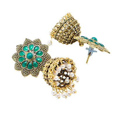 Shining Jewel Gold Plated Antique Traditional Peacock Jhumka With CZ, LCT Crystals,Kundan & Pearls Earrings for Women (SJ_1900_G)