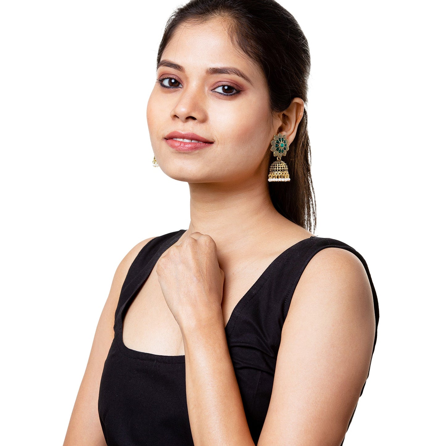 Shining Jewel Gold Plated Antique Traditional Peacock Jhumka With CZ, LCT Crystals,Kundan & Pearls Earrings for Women (SJ_1900_G)