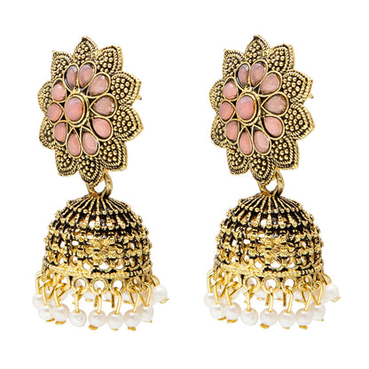 Shining Jewel Gold Plated Antique Traditional Peacock Jhumka With CZ, LCT Crystals,Kundan & Pearls Earrings for Women (SJ_1900_LP)