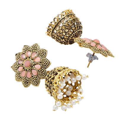 Shining Jewel Gold Plated Antique Traditional Peacock Jhumka With CZ, LCT Crystals,Kundan & Pearls Earrings for Women (SJ_1900_LP)