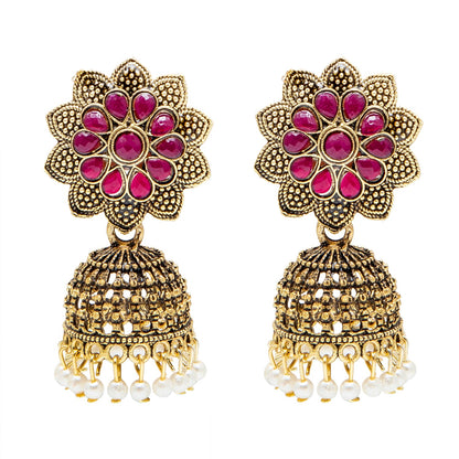 Shining Jewel Gold Plated Antique Traditional Peacock Jhumka With CZ, LCT Crystals,Kundan & Pearls Earrings for Women (SJ_1900_M)