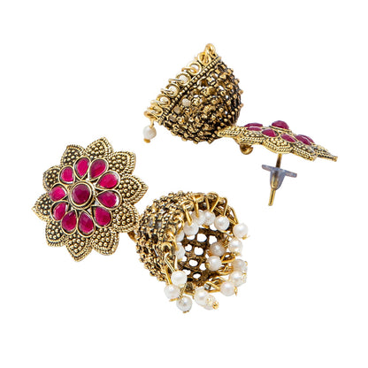 Shining Jewel Gold Plated Antique Traditional Peacock Jhumka With CZ, LCT Crystals,Kundan & Pearls Earrings for Women (SJ_1900_M)
