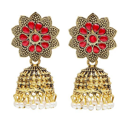 Shining Jewel Gold Plated Antique Traditional Peacock Jhumka With CZ, LCT Crystals,Kundan & Pearls Earrings for Women (SJ_1900_R)
