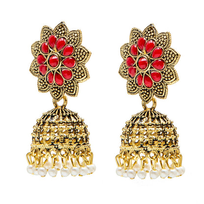 Shining Jewel Gold Plated Antique Traditional Peacock Jhumka With CZ, LCT Crystals,Kundan & Pearls Earrings for Women (SJ_1900_R)