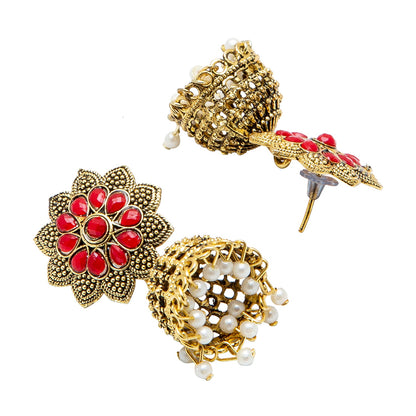 Shining Jewel Gold Plated Antique Traditional Peacock Jhumka With CZ, LCT Crystals,Kundan & Pearls Earrings for Women (SJ_1900_R)