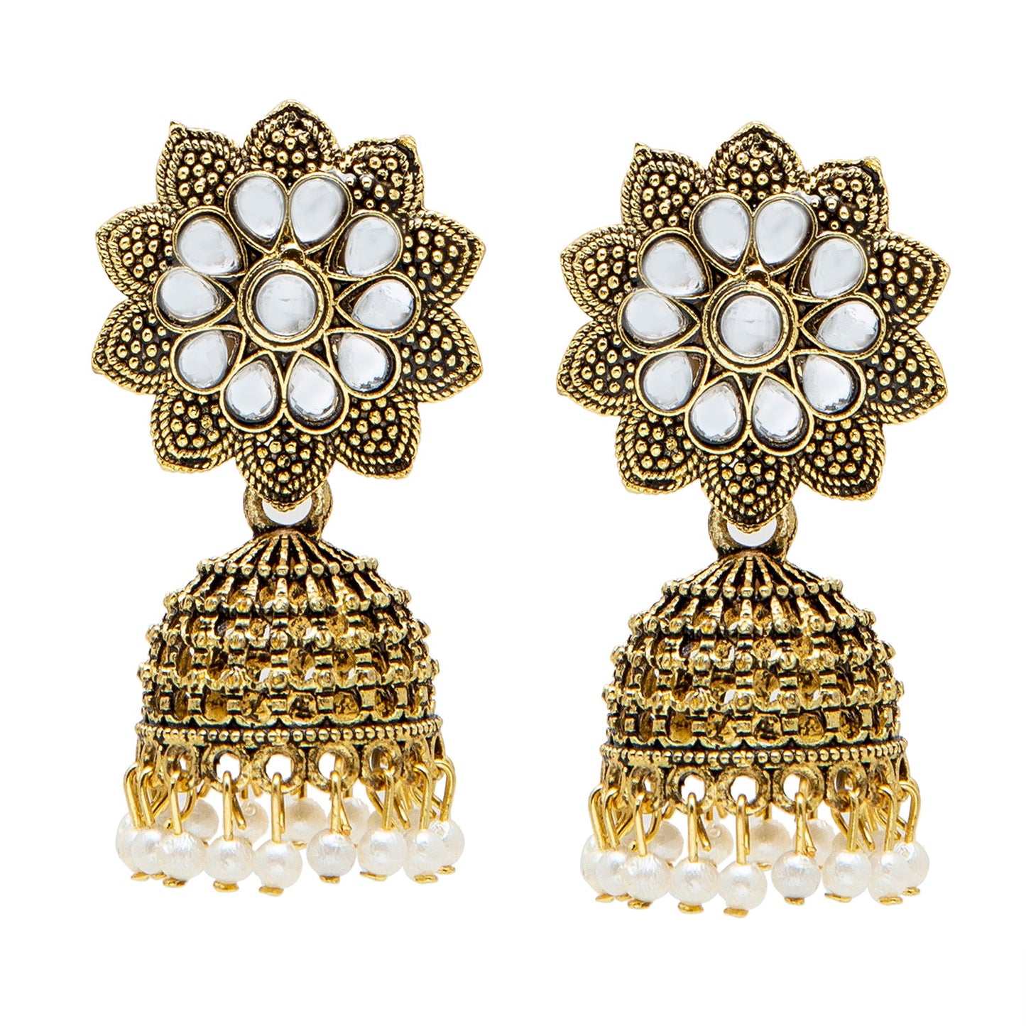 Shining Jewel Gold Plated Antique Traditional Peacock Jhumka With CZ, LCT Crystals,Kundan & Pearls Earrings for Women (SJ_1900_W)