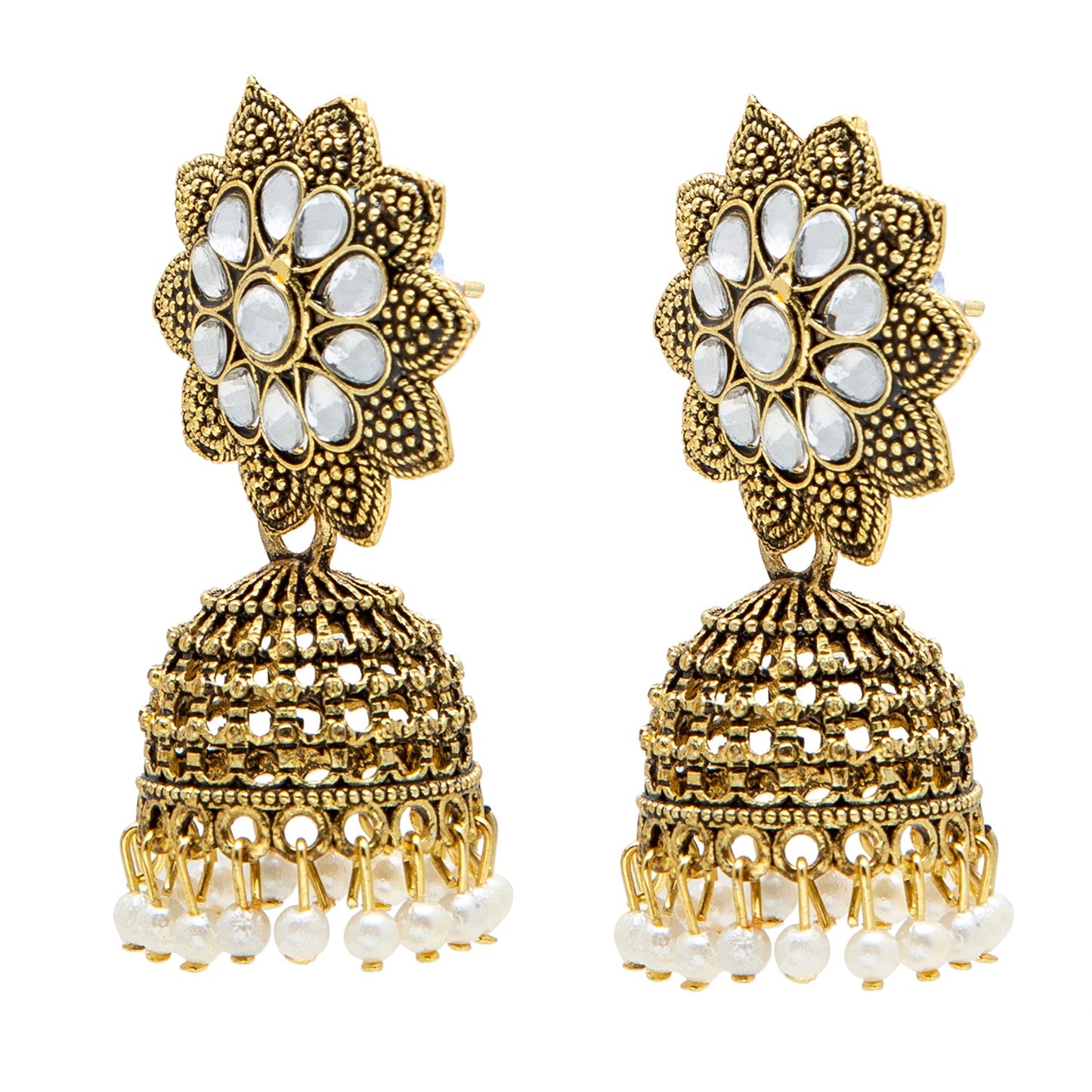 Shining Jewel Gold Plated Antique Traditional Peacock Jhumka With CZ, LCT Crystals,Kundan & Pearls Earrings for Women (SJ_1900_W)