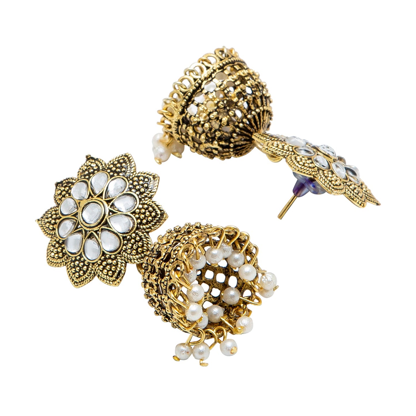Shining Jewel Gold Plated Antique Traditional Peacock Jhumka With CZ, LCT Crystals,Kundan & Pearls Earrings for Women (SJ_1900_W)