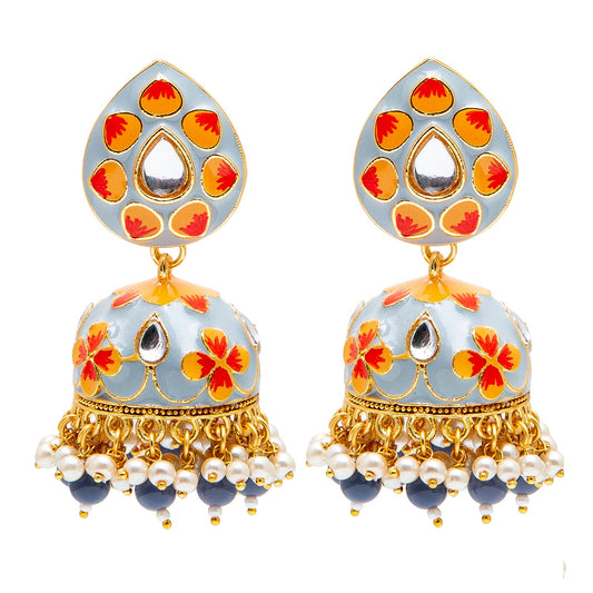 Shining Jewel Handcrafted Gold Plated Traditional Ethnic Meenakari Kundan Jhumka Earrings Women (SJ_1902_GY)
