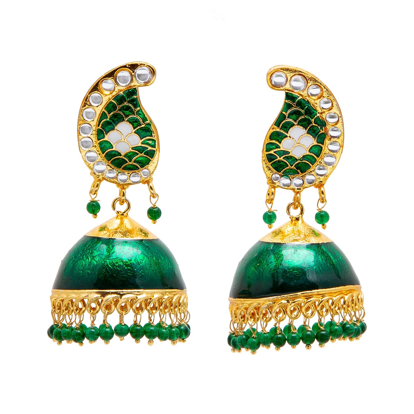Shining Jewel Handcrafted Gold Plated Dark Green Traditional Ethnic Meenakari Kundan Jhumka Earrings Women (SJ_1903_DG)