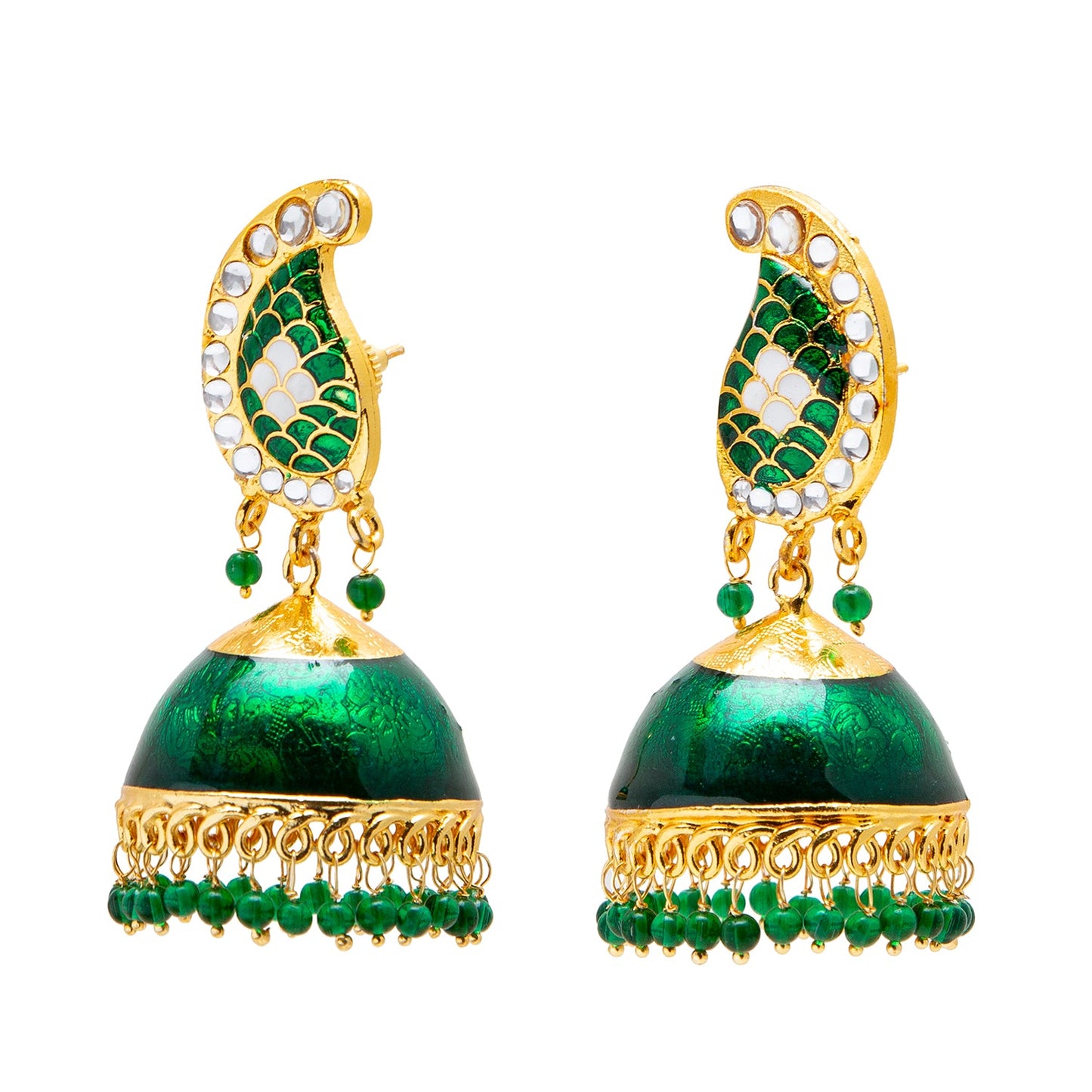 Shining Jewel Handcrafted Gold Plated Dark Green Traditional Ethnic Meenakari Kundan Jhumka Earrings Women (SJ_1903_DG)