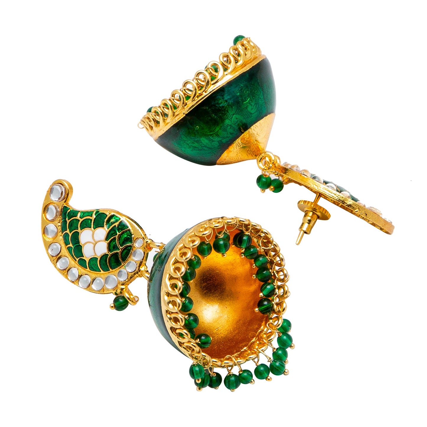 Shining Jewel Handcrafted Gold Plated Dark Green Traditional Ethnic Meenakari Kundan Jhumka Earrings Women (SJ_1903_DG)