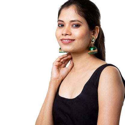 Shining Jewel Handcrafted Gold Plated Dark Green Traditional Ethnic Meenakari Kundan Jhumka Earrings Women (SJ_1903_DG)