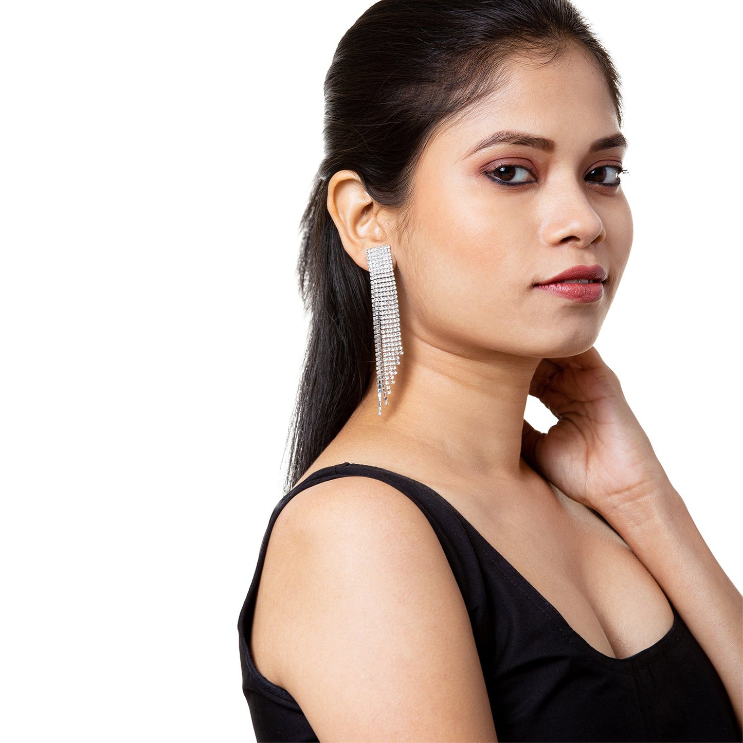 Shining Jewel Crystal and AD Silver Plated Fancy Western Style Cocktail Chandelier Long earrings for women (SJ_1905_S)