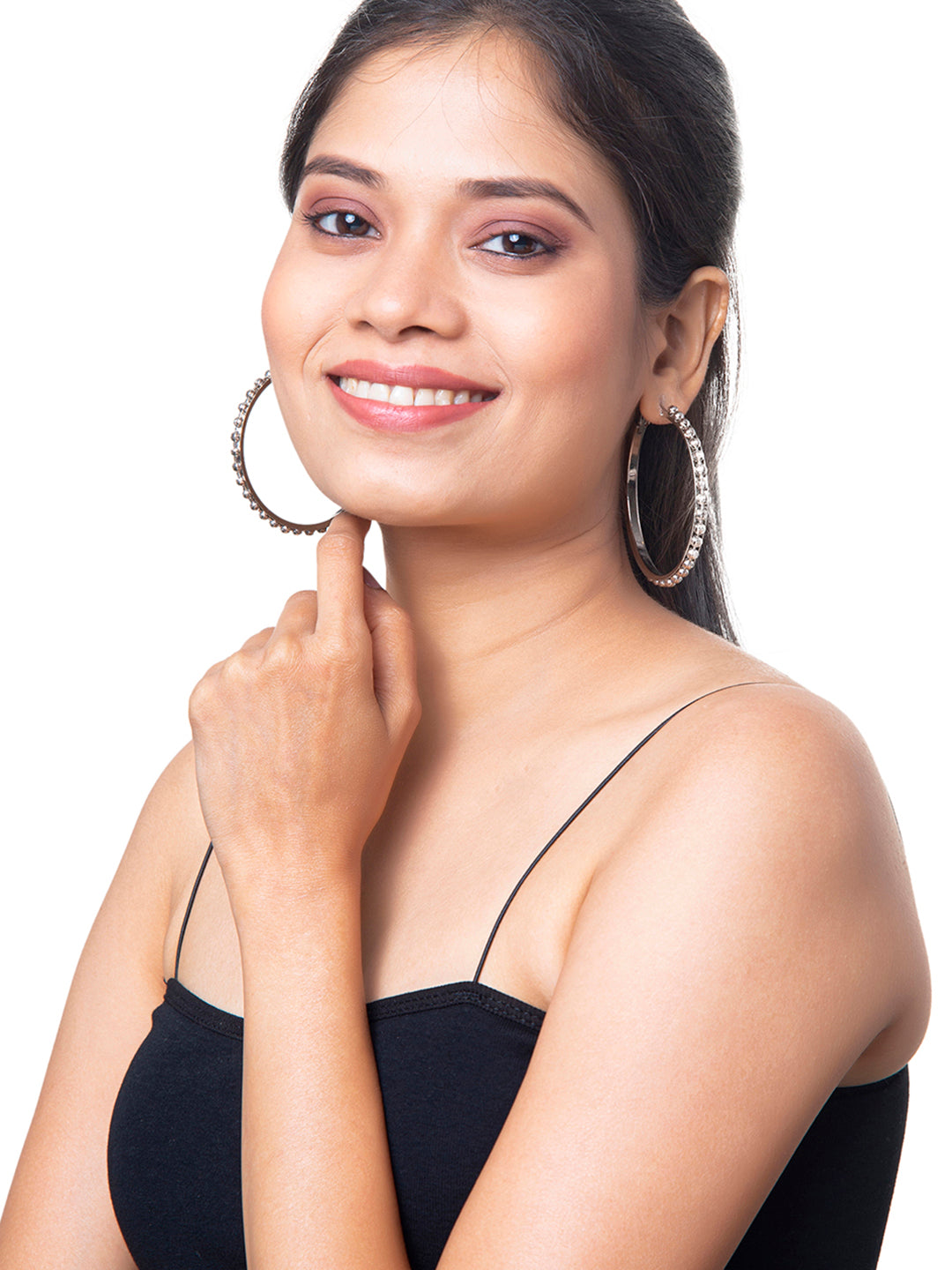 Metal, Pearl, CZ Studded Silver Antique Plated Hoop Earrings Bali for Women SJ_1909_M