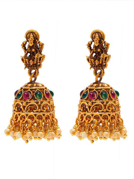 Handcrafted Antique Gold Plated Kundan Polki Godess Lakshmi Temple Jewellery Jhumka Earring For Women SJ_1919