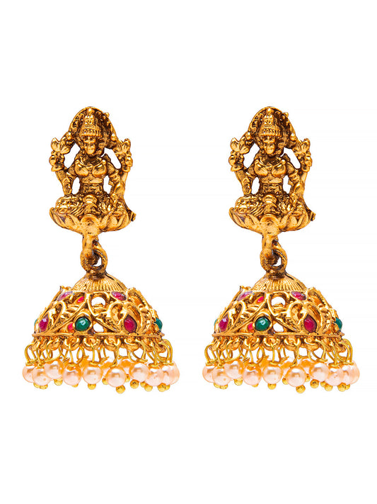 Handcrafted Antique Gold Plated Kundan Polki Godess Lakshmi Temple Jewellery Jhumka Earring For Women SJ_1920