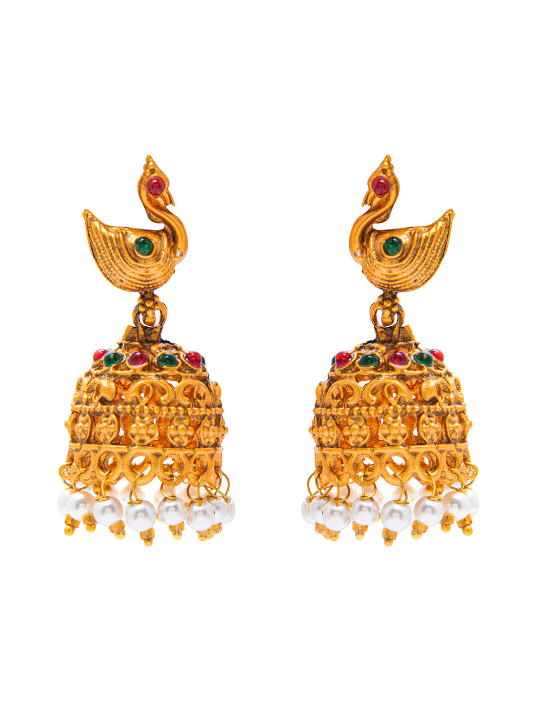 Gold Toned Nakshi Laxmi Kemp Temple Jhumka Earring Ruby Emerald