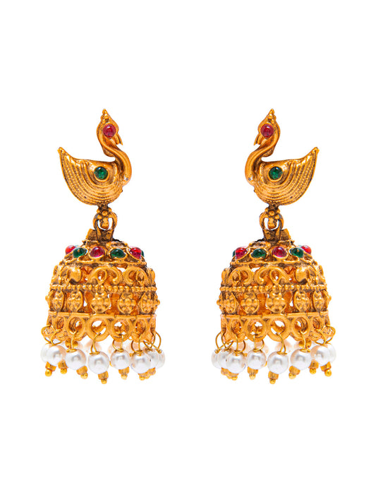 Handcrafted Peacock Design Antique Gold Plated Kundan Polki Temple Jewellery Jhumka Earring For Women SJ_1921