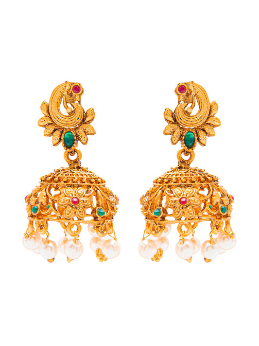 Handcrafted Peacock Design Antique Gold Plated Kundan Polki Temple Jewellery Jhumka Earring For Women SJ_1922