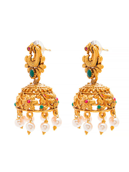 Handcrafted Peacock Design Antique Gold Plated Kundan Polki Temple Jewellery Jhumka Earring For Women SJ_1922