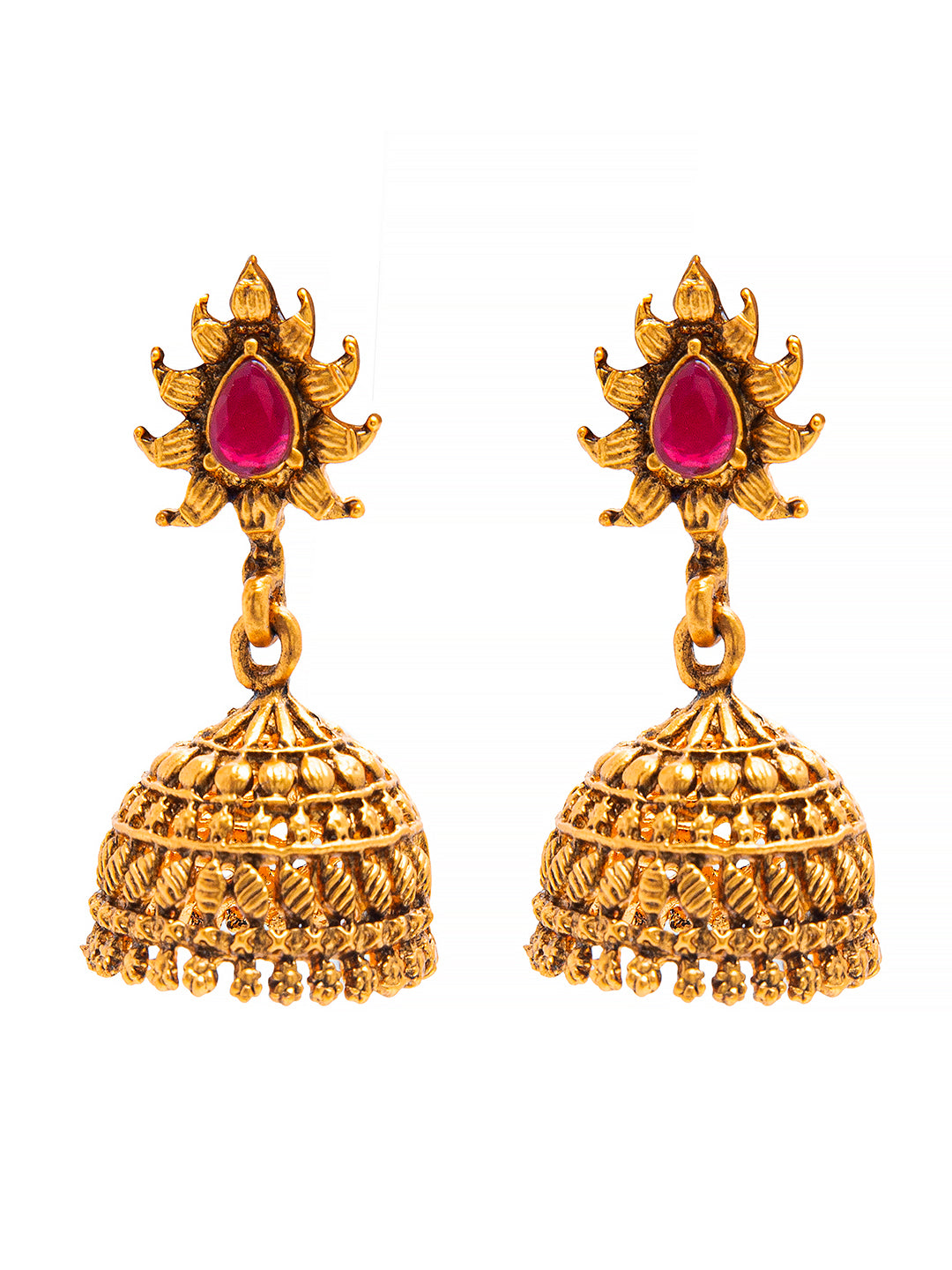 PRIVIU Antique Traditional Gold Plated Stylish Red Polki Jhumka Earrings   Priviu