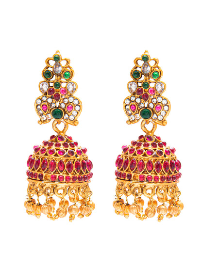 Handcrafted Multicolor Stone Design Antique Gold Plated Kundan Polki Temple Jewellery Jhumka Earring For Women SJ_1925