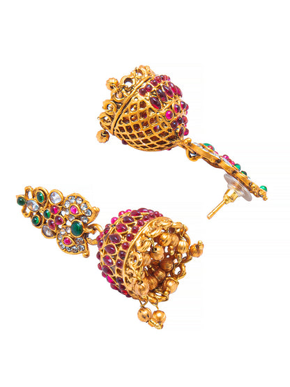 Handcrafted Multicolor Stone Design Antique Gold Plated Kundan Polki Temple Jewellery Jhumka Earring For Women SJ_1925