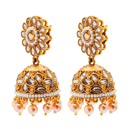 Shining Jewel Antique Gold Plated And Traditional Jhumka Earring With Crystals And Pearls (SJ_1929_LCT)