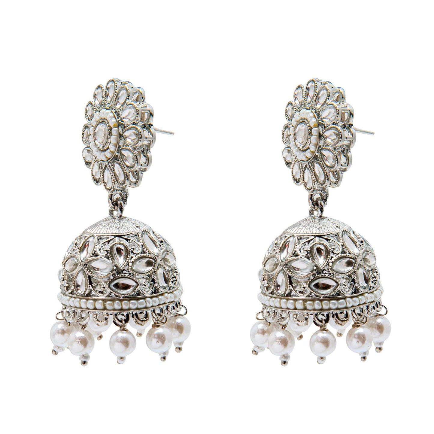 Shining Jewel Silver Plated Antique Oxidised Traditional Jhumka With CZ & Pearls Earrings for Women (SJ_1929_S)