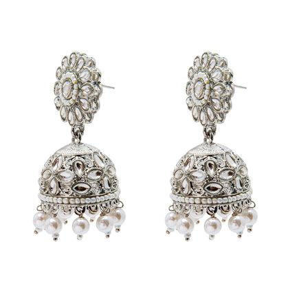 Shining Jewel Silver Plated Antique Oxidised Traditional Jhumka With CZ & Pearls Earrings for Women (SJ_1929_S)