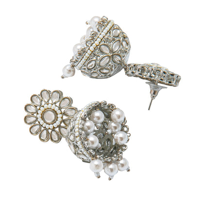 Shining Jewel Silver Plated Antique Oxidised Traditional Jhumka With CZ & Pearls Earrings for Women (SJ_1929_S)