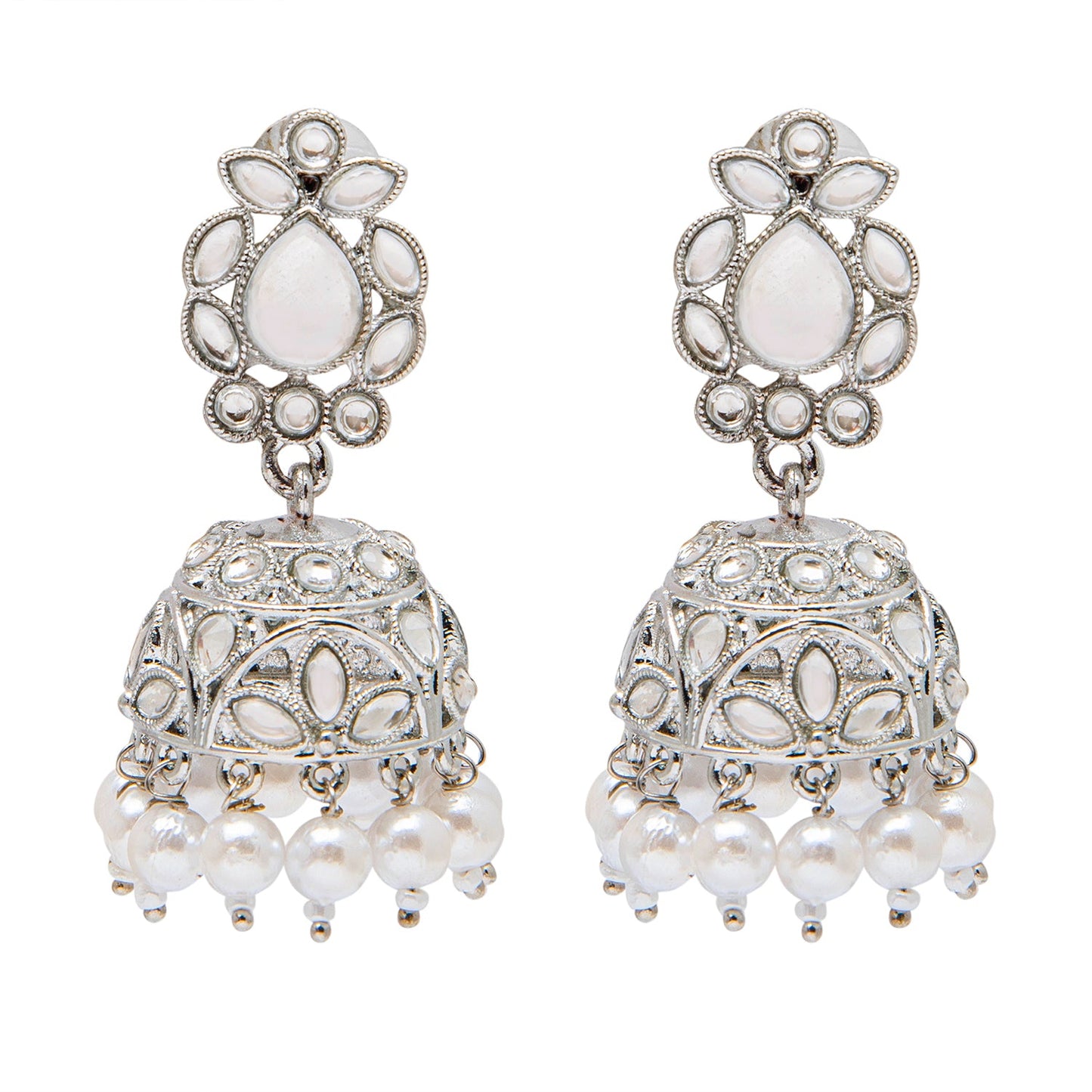 Shining Jewel Silver Plated Antique Oxidised Traditional Jhumka With CZ & Pearls Earrings for Women (SJ_1931_S)