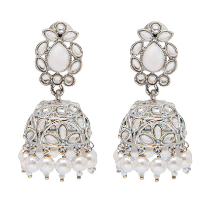 Shining Jewel Silver Plated Antique Oxidised Traditional Jhumka With CZ & Pearls Earrings for Women (SJ_1931_S)