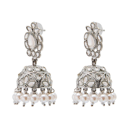 Shining Jewel Silver Plated Antique Oxidised Traditional Jhumka With CZ & Pearls Earrings for Women (SJ_1931_S)