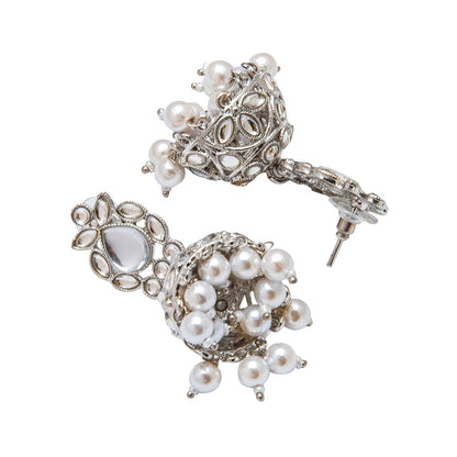 Shining Jewel Silver Plated Antique Oxidised Traditional Jhumka With CZ & Pearls Earrings for Women (SJ_1931_S)