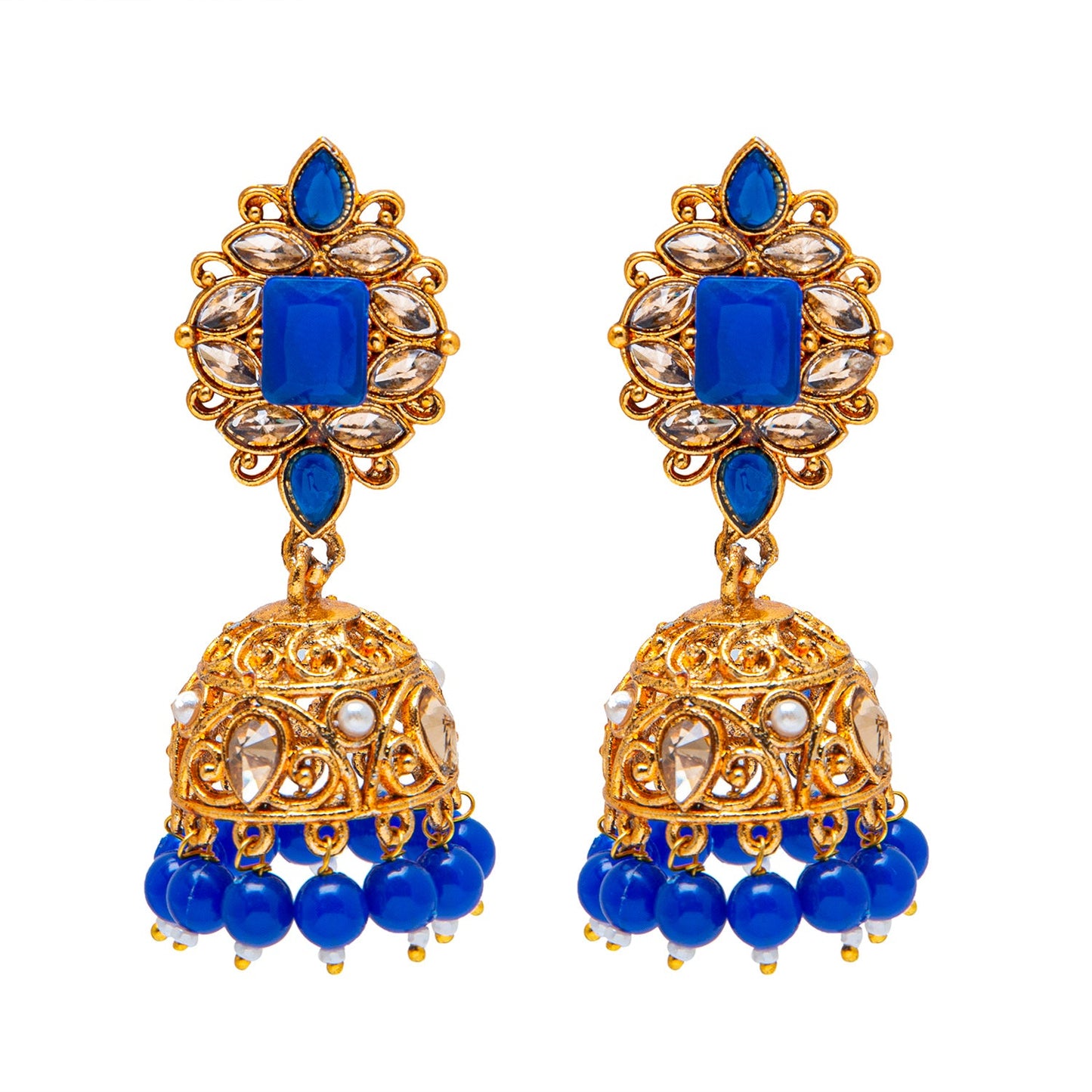 Shining Jewel Antique Gold Plated And Traditional Jhumka Earring With Crystals And Pearls (SJ_1932_BL)