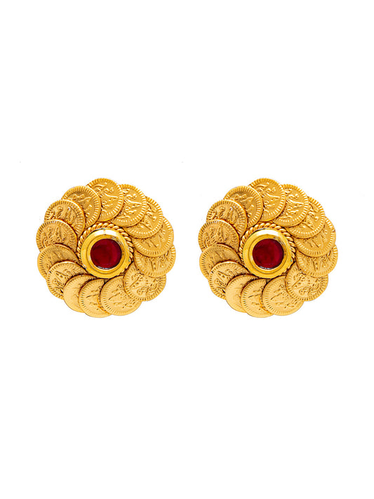 Shining Jewel Gold Plated Kundan, Pearls and CZ studded Traditional Temple Coin Stud Earrings for Women (SJ_1937)