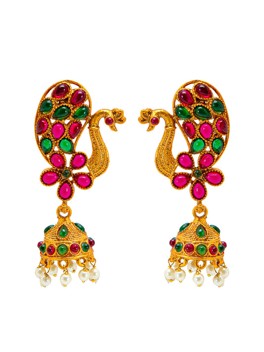 Shining Jewel Handcrafted Multicolor Stone Design Antique Gold Plated Kundan Polki Temple Jewellery Jhumka Earring For Women (SJ_1940)