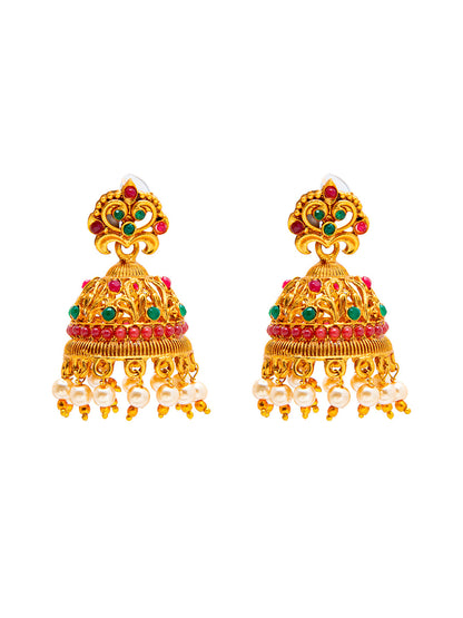 Shining Jewel Handcrafted Multicolor Stone Design Antique Gold Plated Kundan Polki Temple Jewellery Jhumka OM Design Earring For Women (SJ_1941)