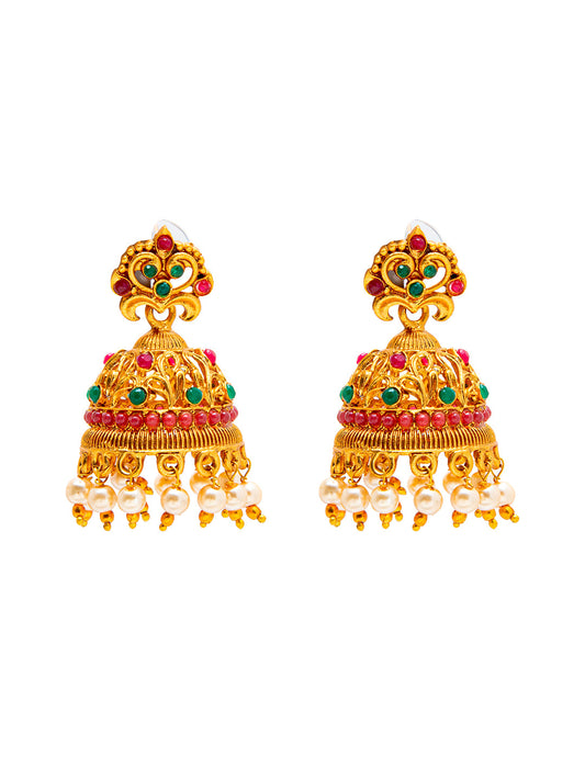 Shining Jewel Handcrafted Multicolor Stone Design Antique Gold Plated Kundan Polki Temple Jewellery Jhumka OM Design Earring For Women (SJ_1941)