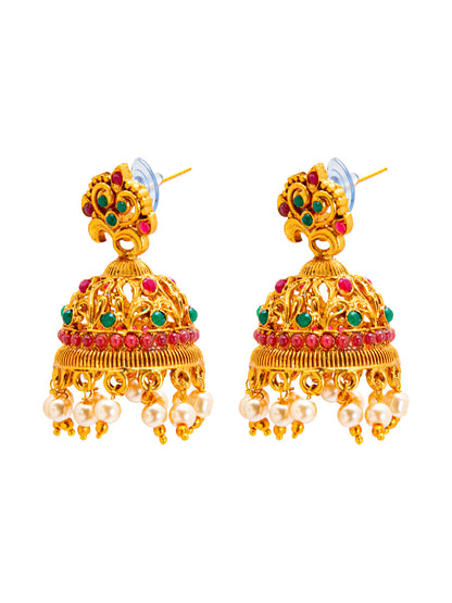 Shining Jewel Handcrafted Multicolor Stone Design Antique Gold Plated Kundan Polki Temple Jewellery Jhumka OM Design Earring For Women (SJ_1941)