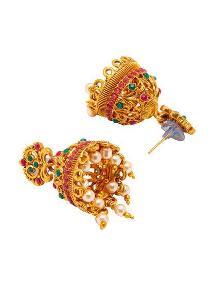 Shining Jewel Handcrafted Multicolor Stone Design Antique Gold Plated Kundan Polki Temple Jewellery Jhumka OM Design Earring For Women (SJ_1941)