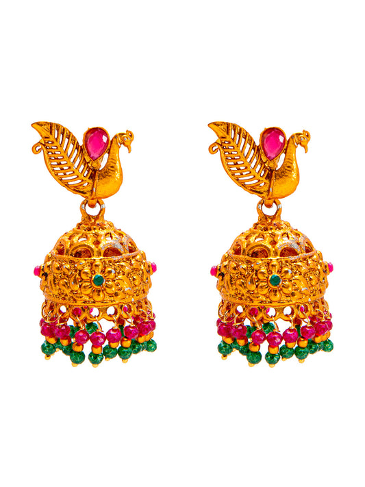 Shining Jewel Handcrafted Multicolor Stone Design Antique Gold Plated Kundan Polki Temple Jewellery Jhumka Earring For Women (SJ_1942)